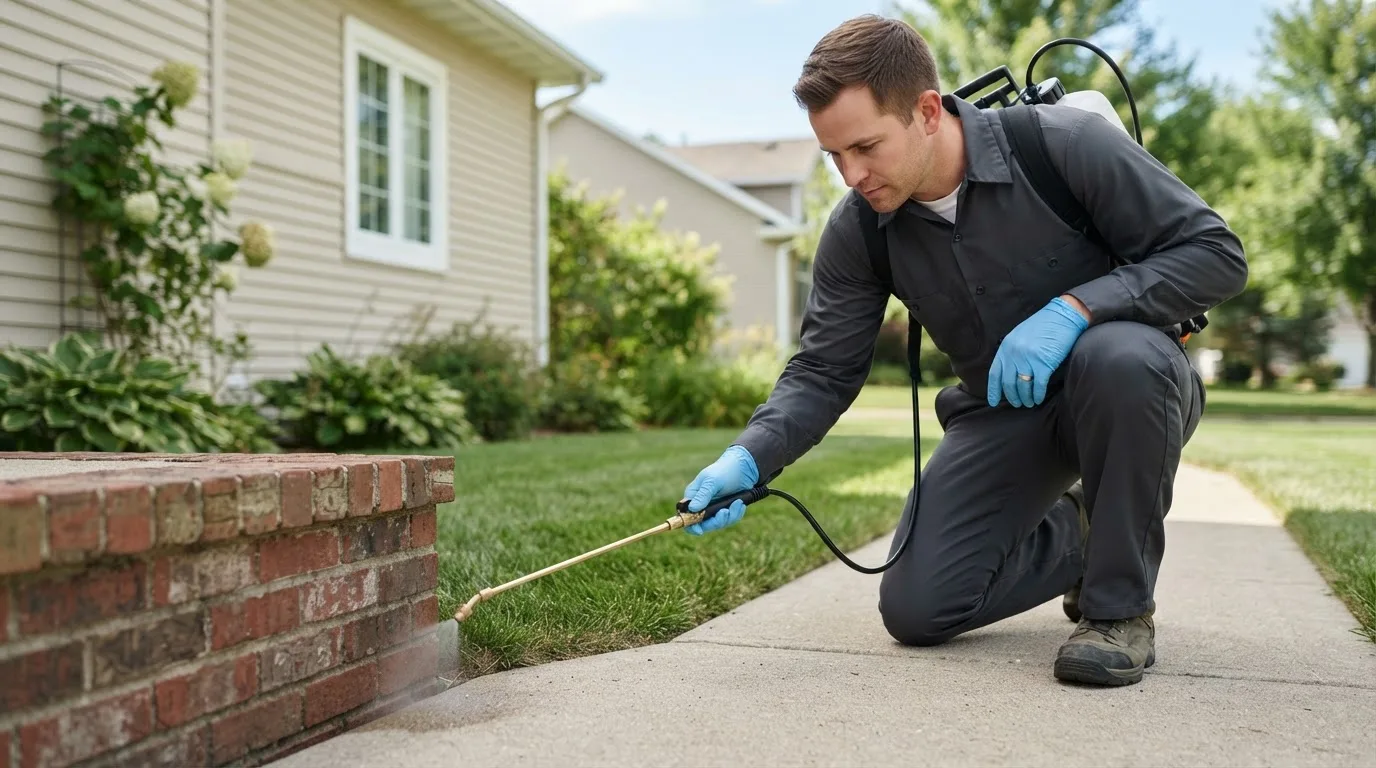 Pest control technician treating a home near Dayton, OR